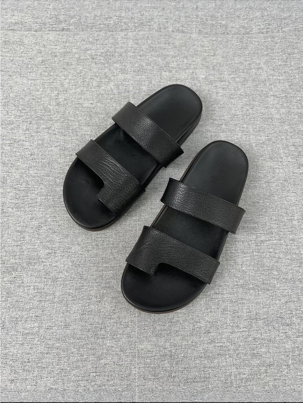 Women Black Double-Strap Slide Sandals true leather 7.5
